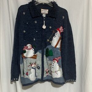 Snowman Themed Navy Blue Cardigan Heirloom Collectibles Womens size 1X